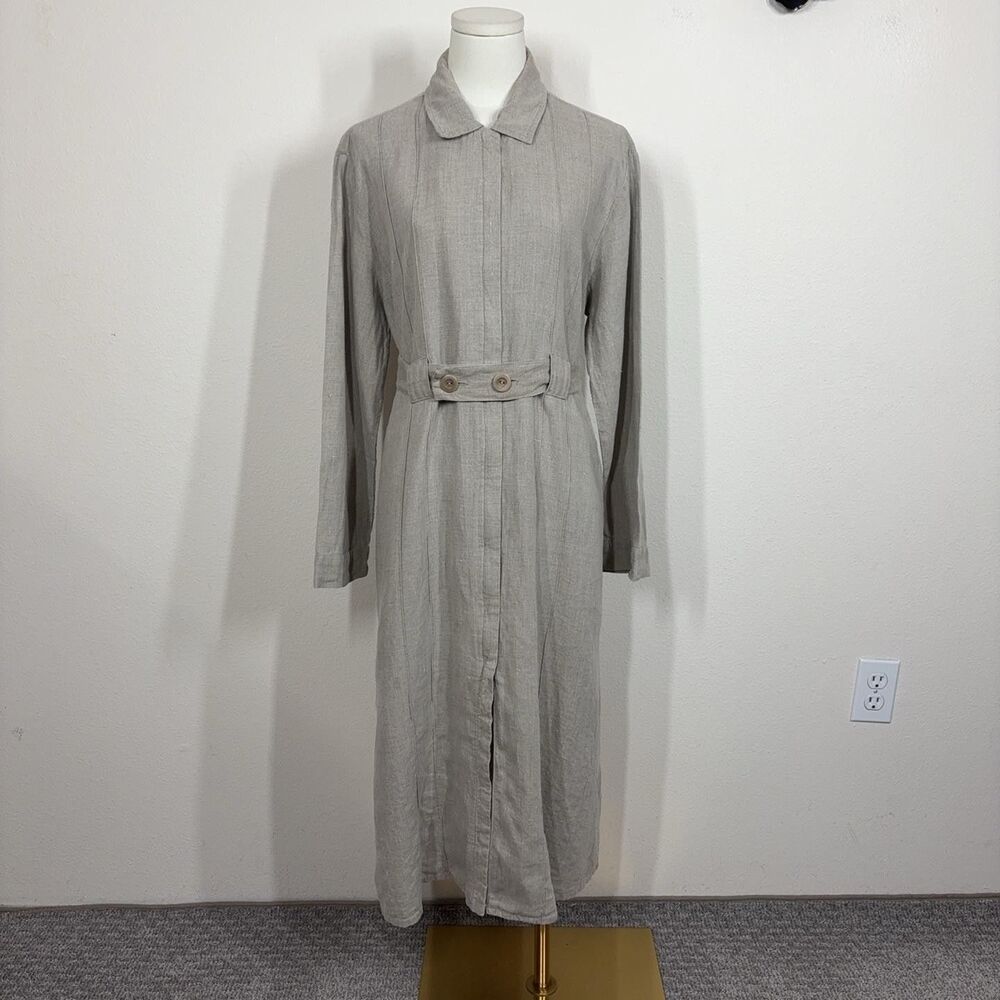 Vintage FLAX Dress Womens Small Beige Linen Shirt Belted Pockets Lagenlook 90s